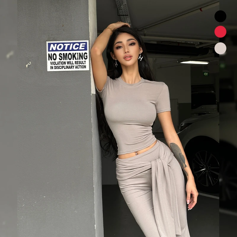 HELEN/性感简约/修身显瘦纯色圆领罗纹短袖上衣T恤S768