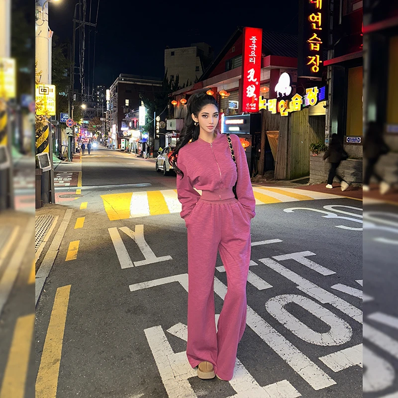 HELEN/休闲慵懒/秋冬辣妹显腰细加绒卫衣外套阔腿裤针织套装T226