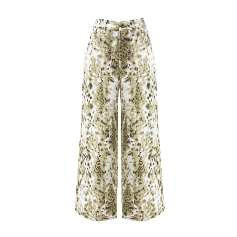 HELEN/设计感白色豹纹阔腿百搭休闲长裤K479