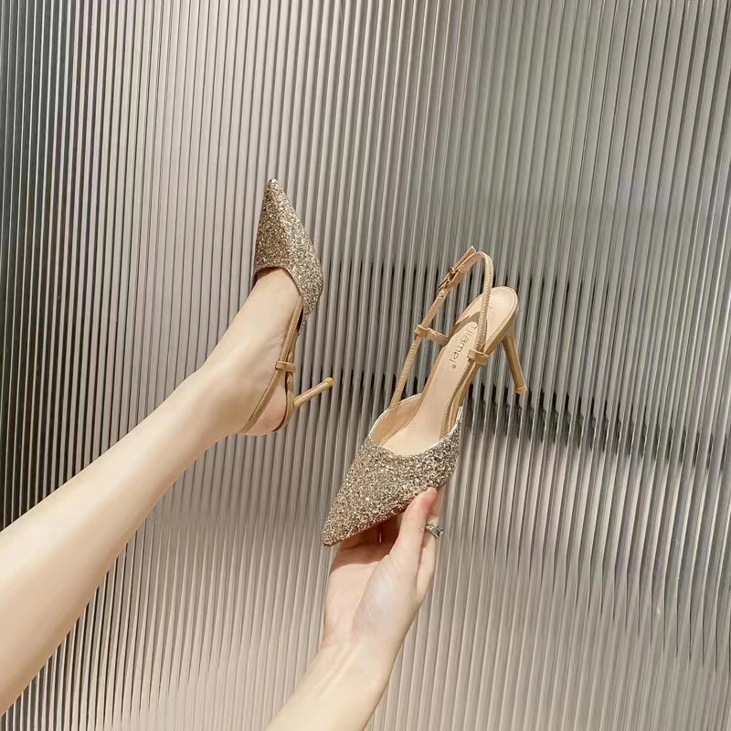 2025爆款夏季新款百搭亮片婚鞋细跟浅口后空绊带高跟鞋包头凉鞋女