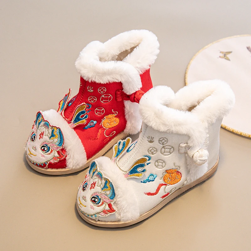 冬季女童汉服鞋古风靴子加绒儿童绣花鞋古装棉鞋国风搭配马面裙鞋