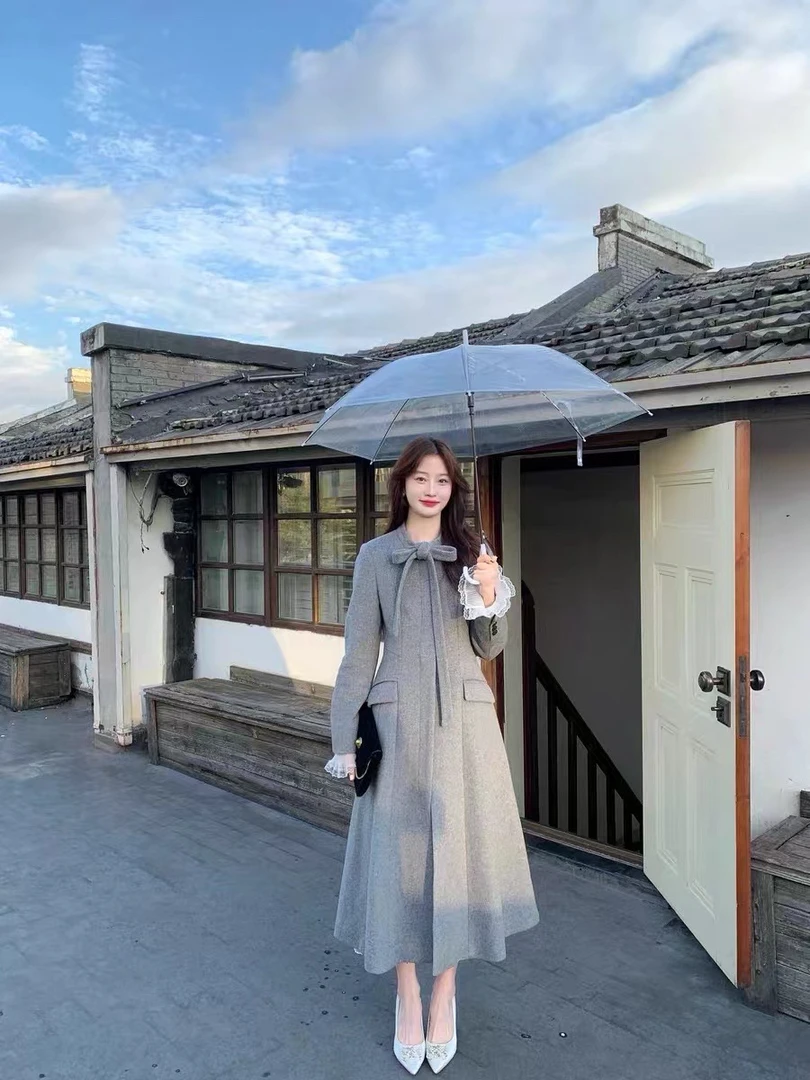 韩版气质中长款羊毛大衣法式蝴蝶结设计 秀智同款羊毛大衣 显瘦