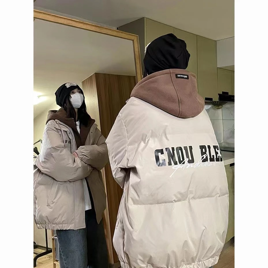 男女同款假两件棉服女ins港风短棉袄棉服韩版宽松学生外套棉衣