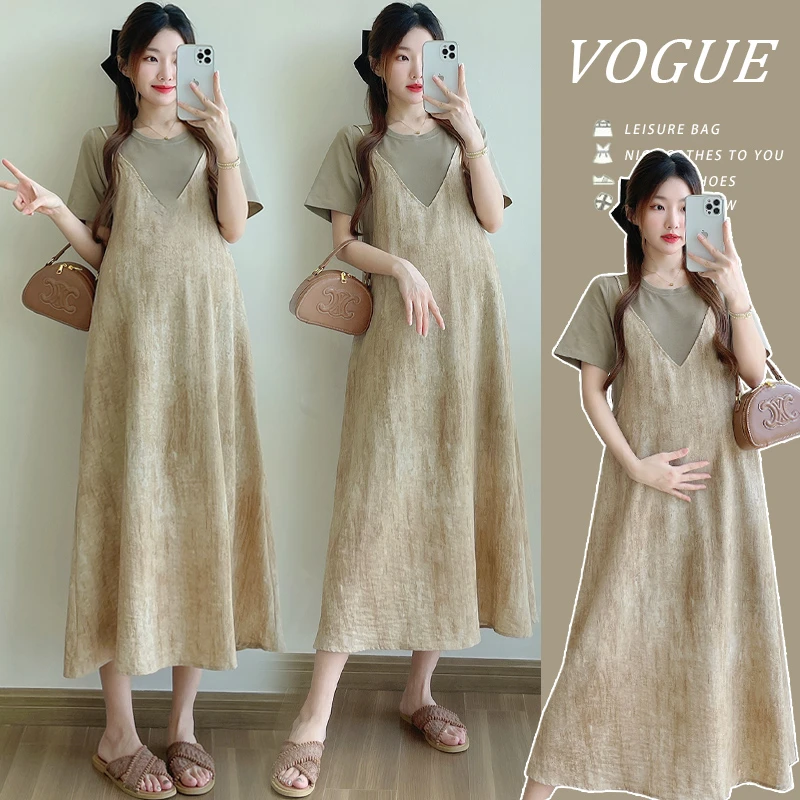 法式设计感短袖气质假两件连衣裙女夏季2024新款大码宽松显瘦裙子