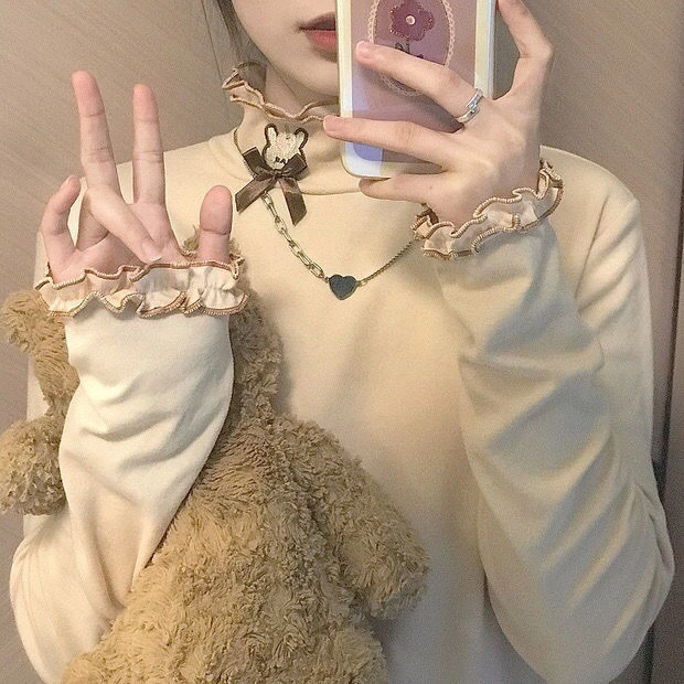 双层半高领长袖t恤女秋冬季高级感小众木耳边内搭加绒保暖打底衫