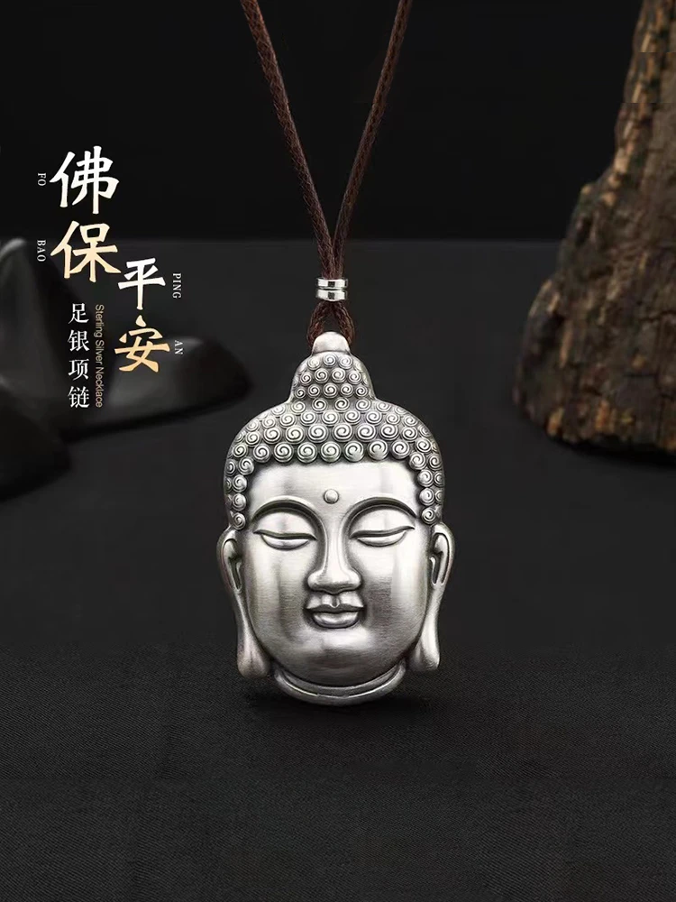 吊坠足银 纯银999吊坠挂绳佛头观音头吊坠佛牌足银古法复古男女款