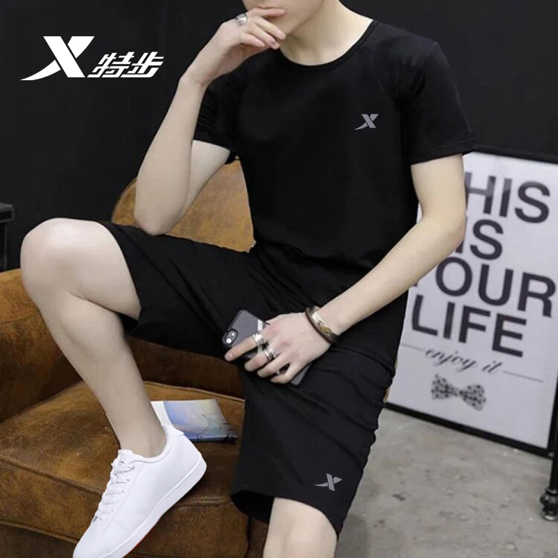 特步运动套装男2025新款速干冰丝薄款跑步服男大码宽松短袖两件套