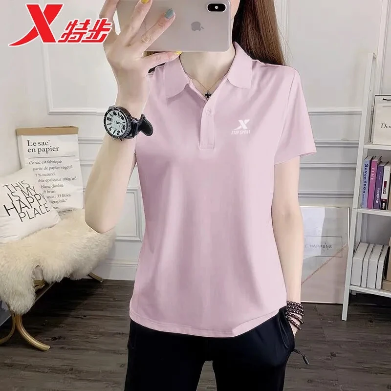 特步polo衫女2025新款官方正品短袖T恤女装打底翻领运动上衣休闲