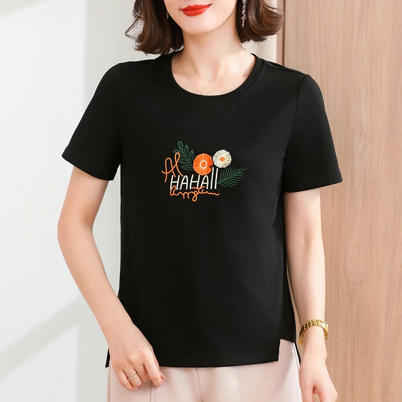 女士短款夏季黑色短袖t恤女圆领减龄中年妈妈休闲棉质中长款上衣