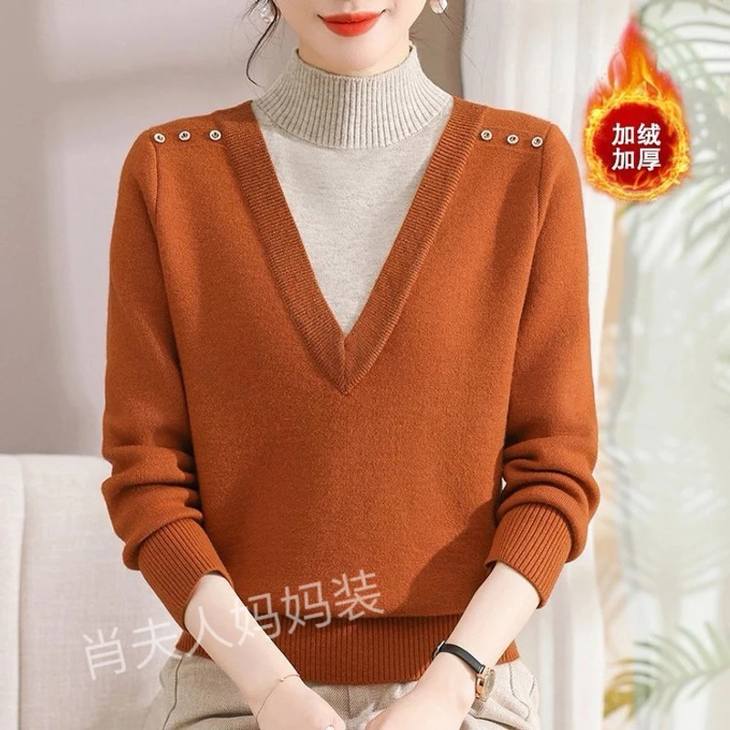 中老年女秋冬加绒假两件针织衫保暖时尚上衣宽松妈妈装洋气百搭