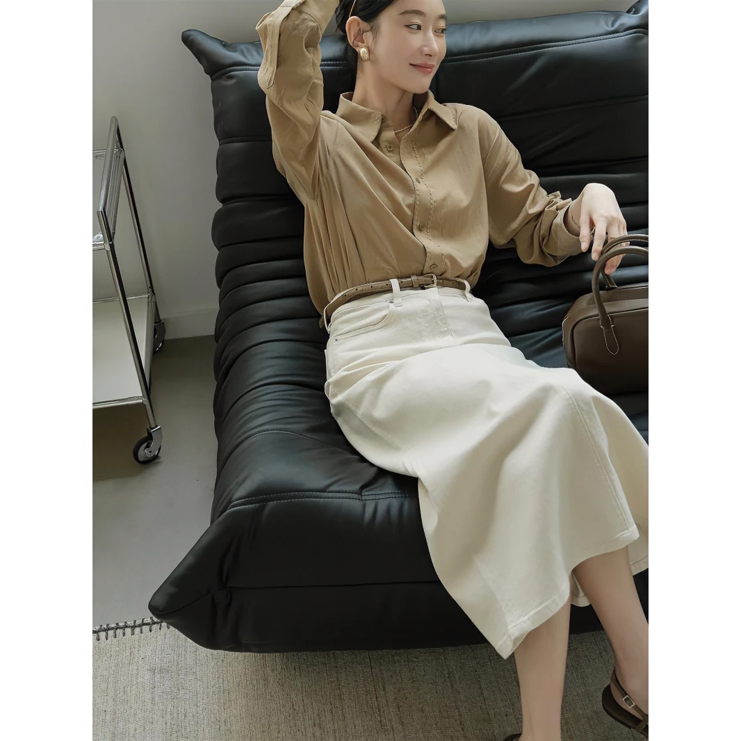 杏色牛仔裙半身裙女春夏高腰显瘦气质百搭中长款后开叉直筒a字裙