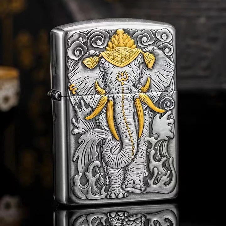 ZIPPO/之宝【纯银錾金】六牙大象浮雕银盔甲收藏打火机DYX1H1M1F1