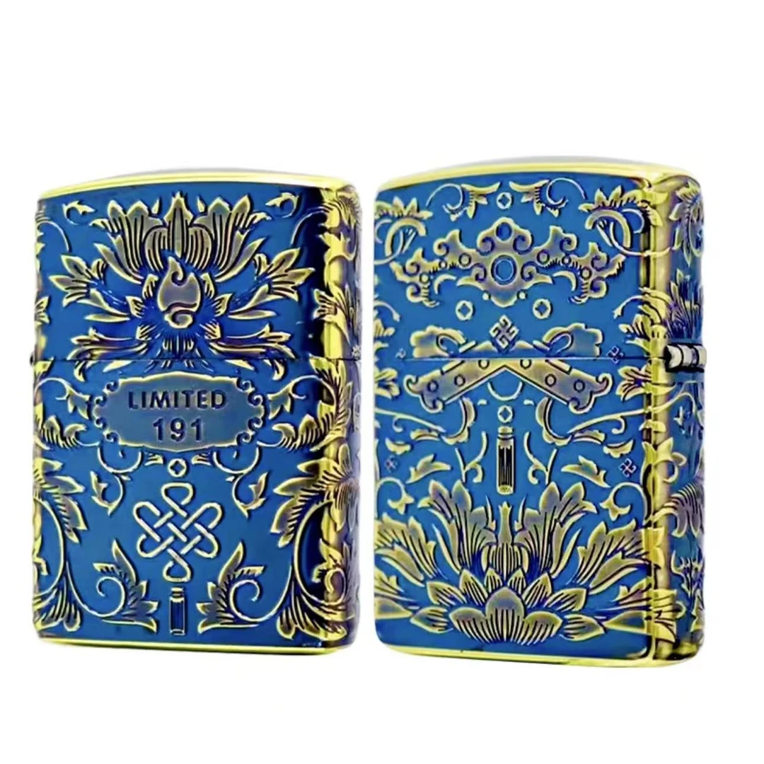 ZIPPO/之宝【如意牡丹】熏金烤蓝 浮雕盔甲收藏防风打火机 DYX1H1