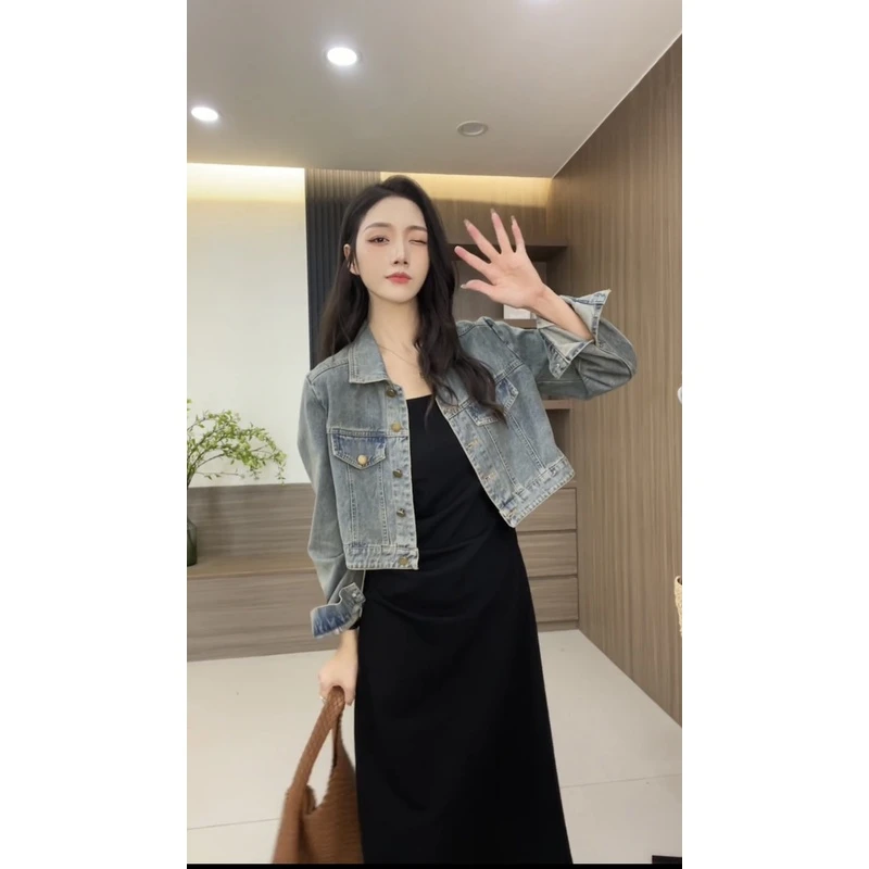 小香风女士短款牛仔外套2024新款爆款春装气质中长款吊带裙套装