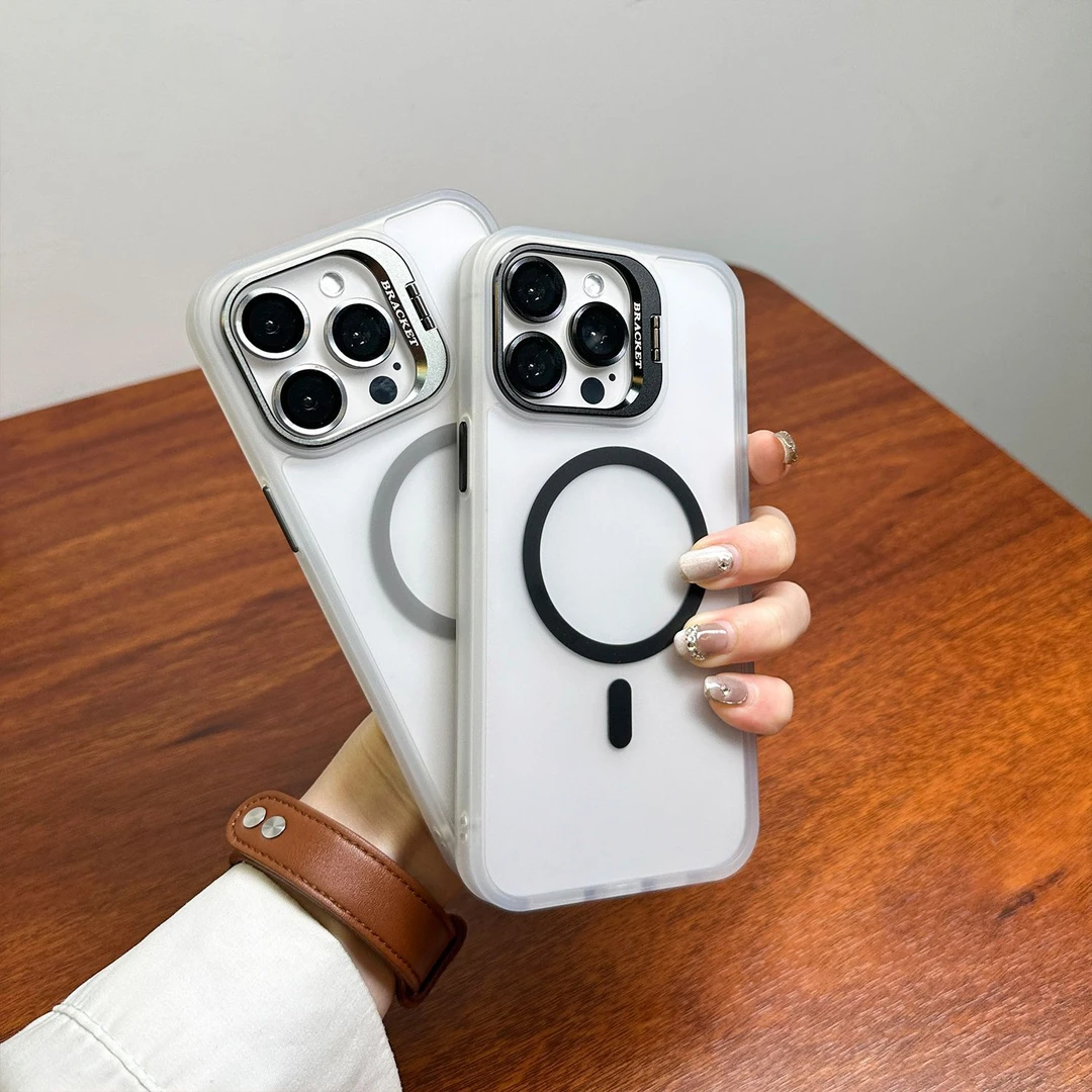 适用于磁吸苹果15手机壳镜头支架磨砂白iPhone16Promax带镜头膜13