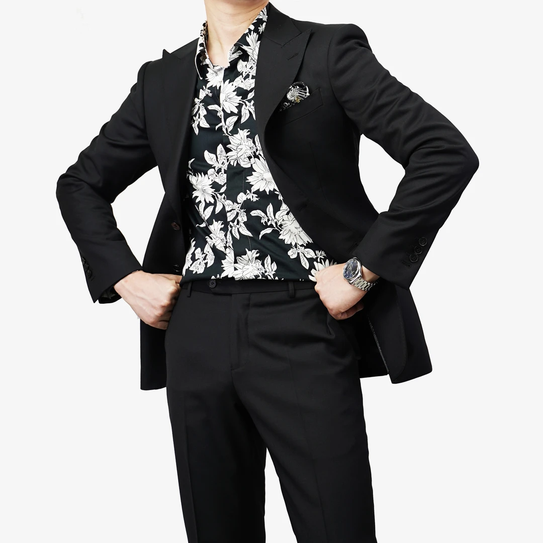 【高级经典雅黑】纯羊毛 单排扣戗驳领时尚休闲修身黑色西服套装