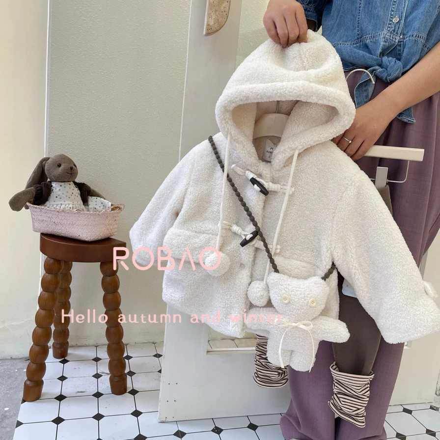两只羊冬季新款女童带包包夹棉外套连帽洋气
