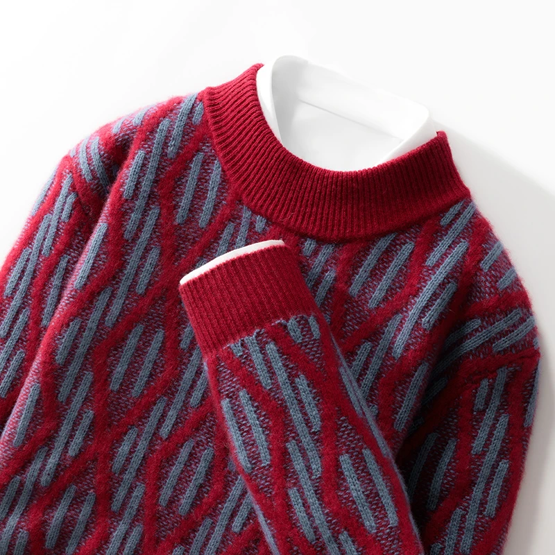 拼色嵌花羊毛衫男毛衣半高领套头针织衫秋冬加厚宽松纯羊毛衫