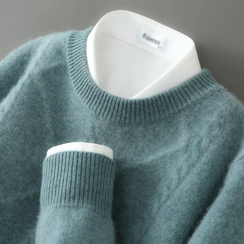 新款加厚男士纯羊毛衫男士圆领大菱形绞花秋冬商务休闲毛衣针织衫