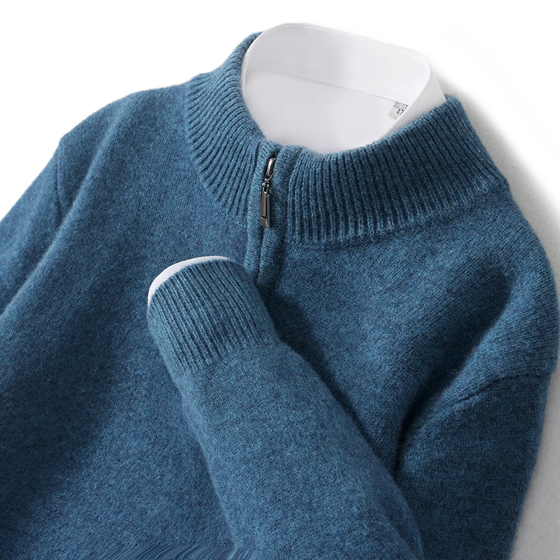 冬季新款纯羊毛衫男装半高领拉链保暖针织毛衣宽松加厚打底衫