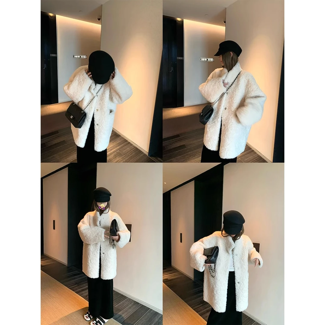 全新面料本期挚爱！慵懒感中长款皮毛一体外套女冬宽松环保毛上衣