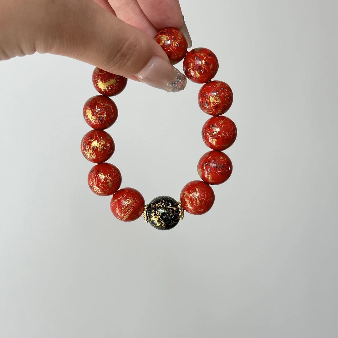 一漆一玉 非遗手作大漆工艺犀皮漆螺钿14mm红色本命年漆珠手串