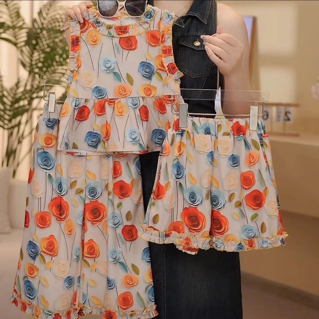 女童夏季薄款套装夏装2024新款宝宝碎花洋气背心儿童两件套