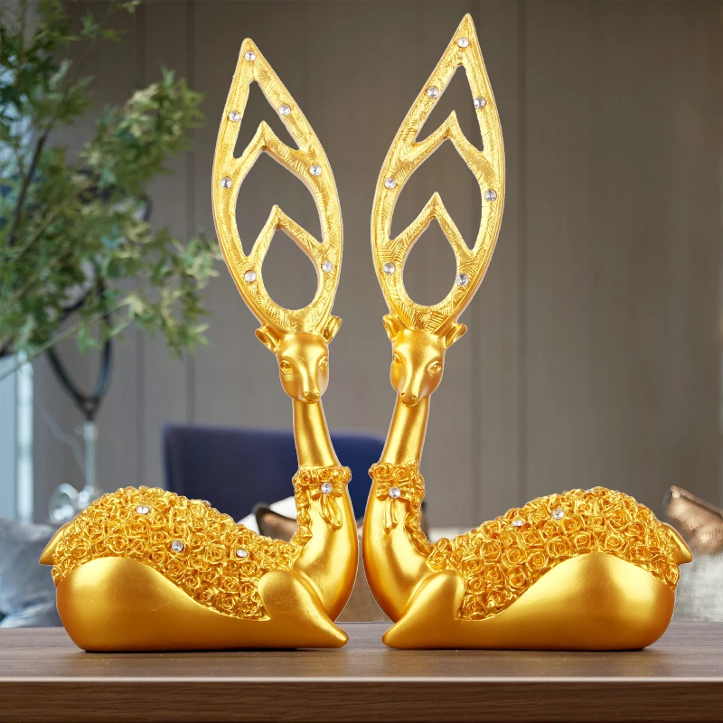 【源头厂家】招财鹿摆件寓意好工艺品发财麋鹿树脂家居客厅酒柜金色