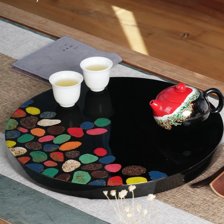伍家坊非遗天然大漆茶台家用小型干泡盘圆形功夫茶具托盘礼盒装