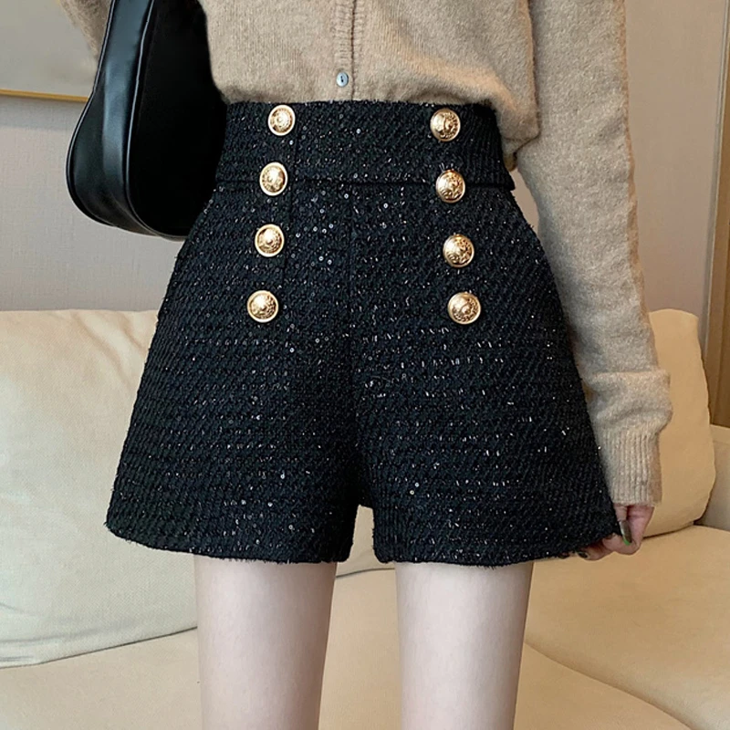 法式小香风短裤女秋冬新款黑色高腰显瘦阔腿毛呢百搭裤子23577#