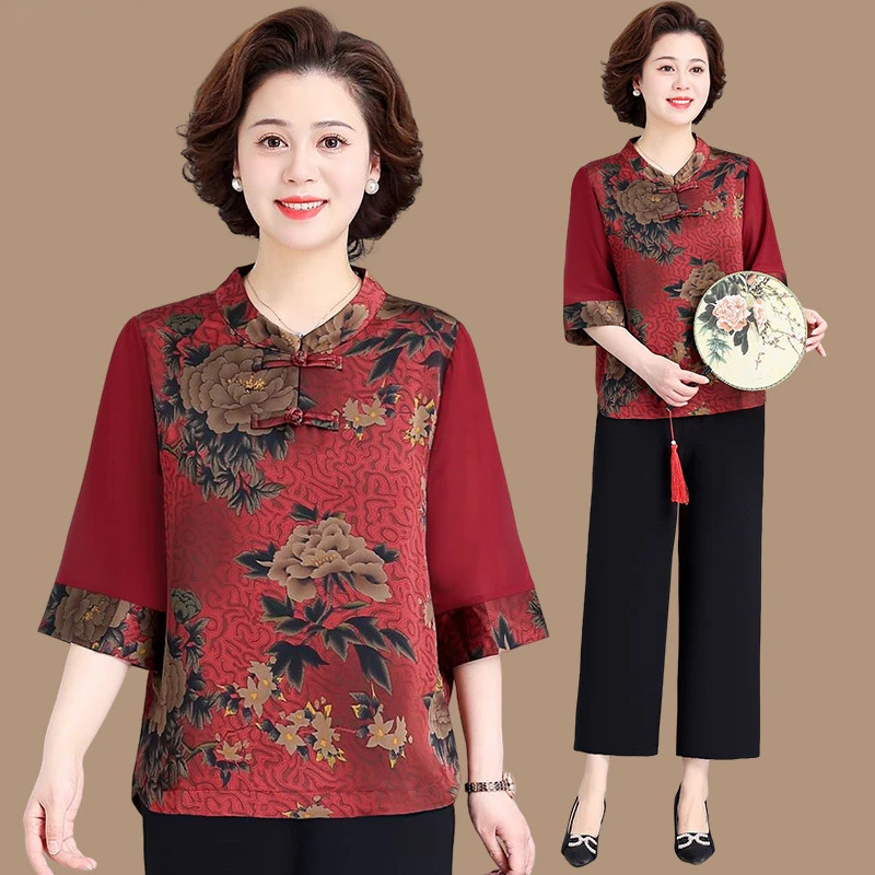 妈妈套装奶奶夏季洋气衣服上衣妈妈装夏季妈妈装中老年夏装