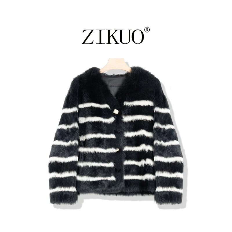 2024冬季新款托斯卡纳皮毛一体女外套气质黑白条纹3685