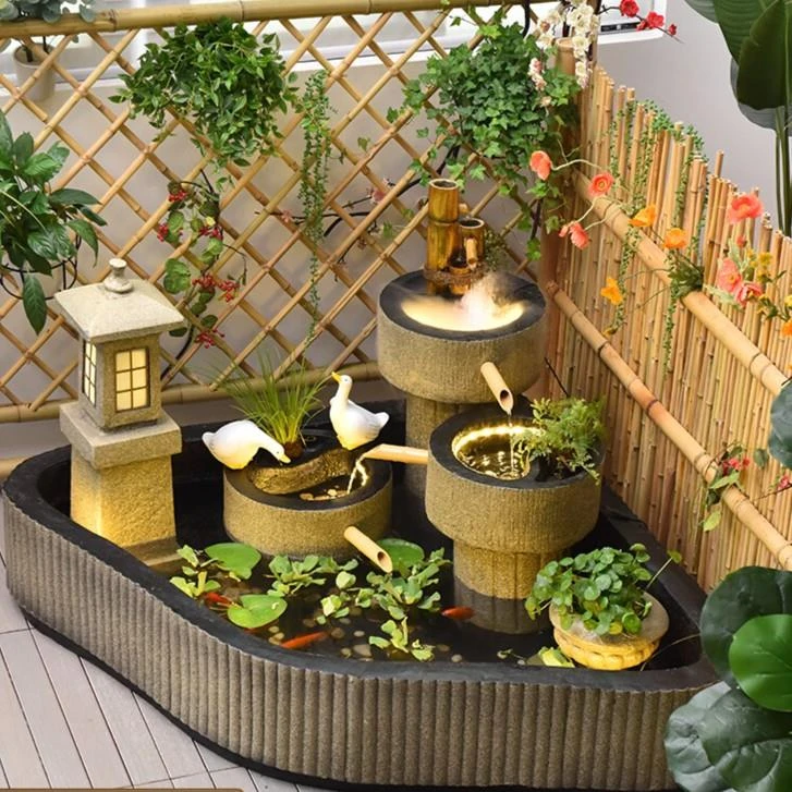 入户花园布置庭院阳台鱼池造景装饰假景观流水摆件循环水喷泉