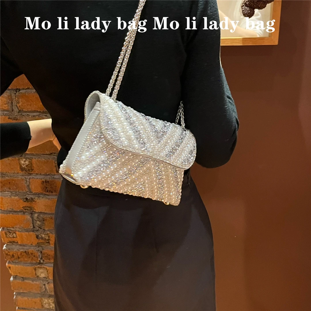 法式小众金色珍珠子串珠包复古单肩手提小方包金属链条包斜挎包女