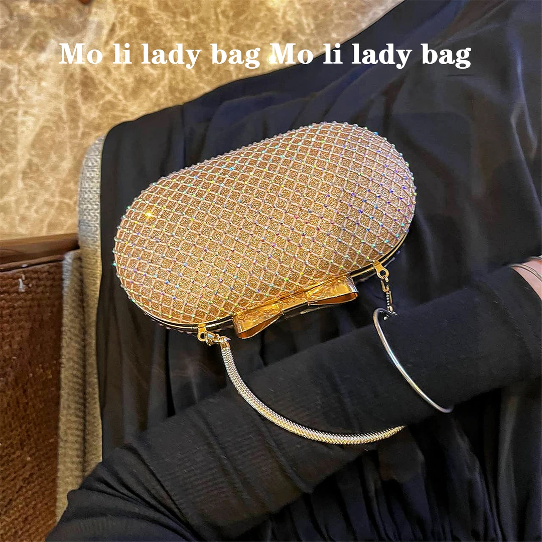 新款名媛闪亮晚宴包金属蝴蝶结镶钻鹅蛋手拿包礼服晚宴包女链条包