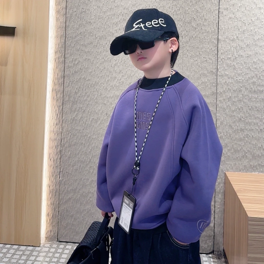 加绒加厚儿童宽松圆领中大童秋冬男孩女孩高领保暖卫衣萌娃冬装