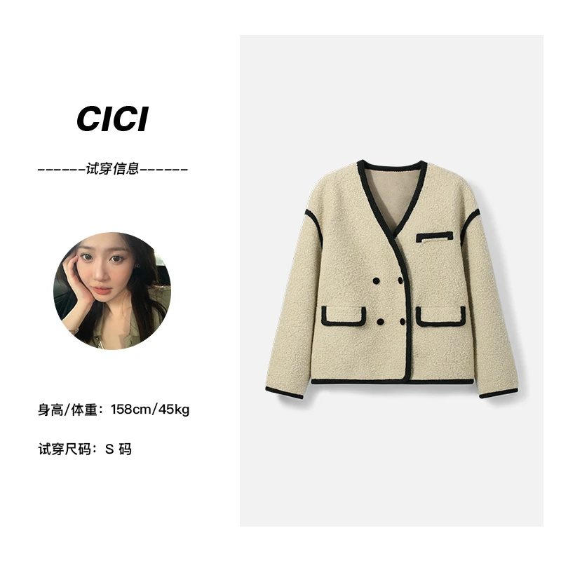 【CiCi】皮毛一体外套女秋冬撞色边拼接V领双排扣宽松法式气质上衣