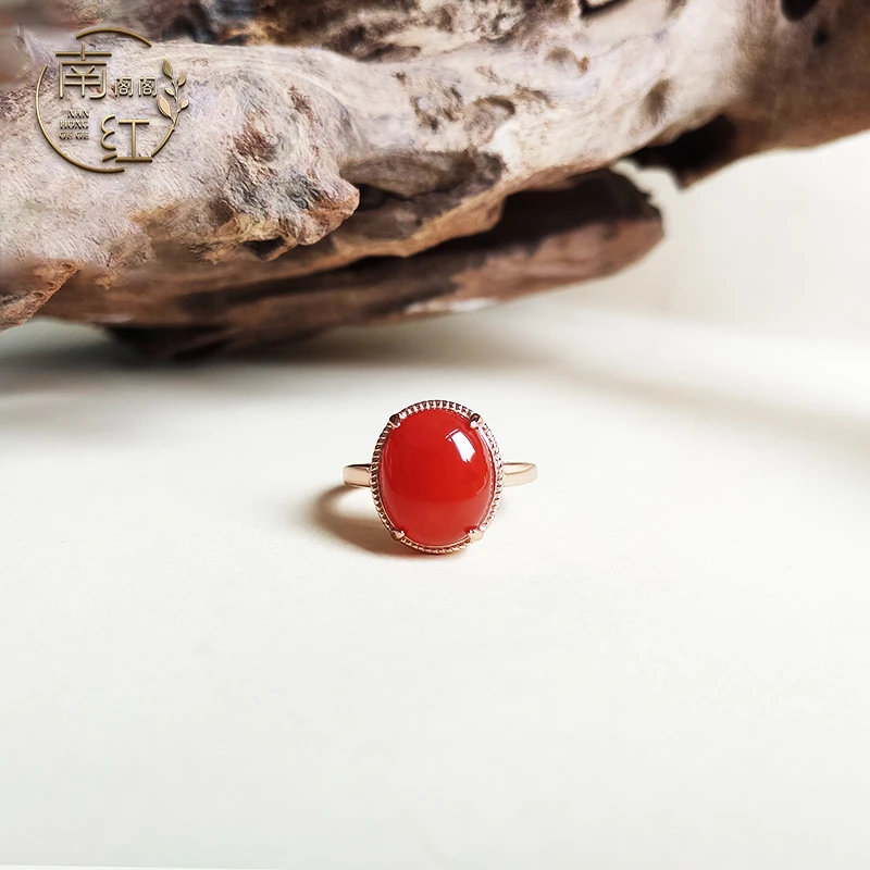 【阁阁精品】正品保真保山南红戒指大蛋面四爪经典款戒圈柿子红百搭