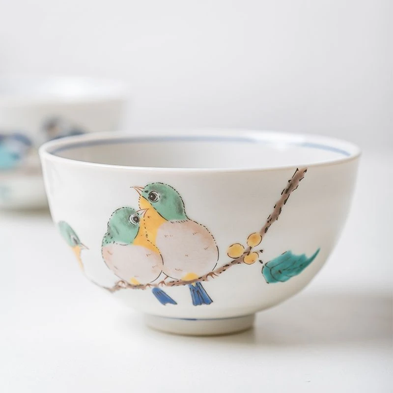 【尔滨兄弟专属】正品外贸进口九谷烧小福雀鸟青郊交趾釉饭碗手工