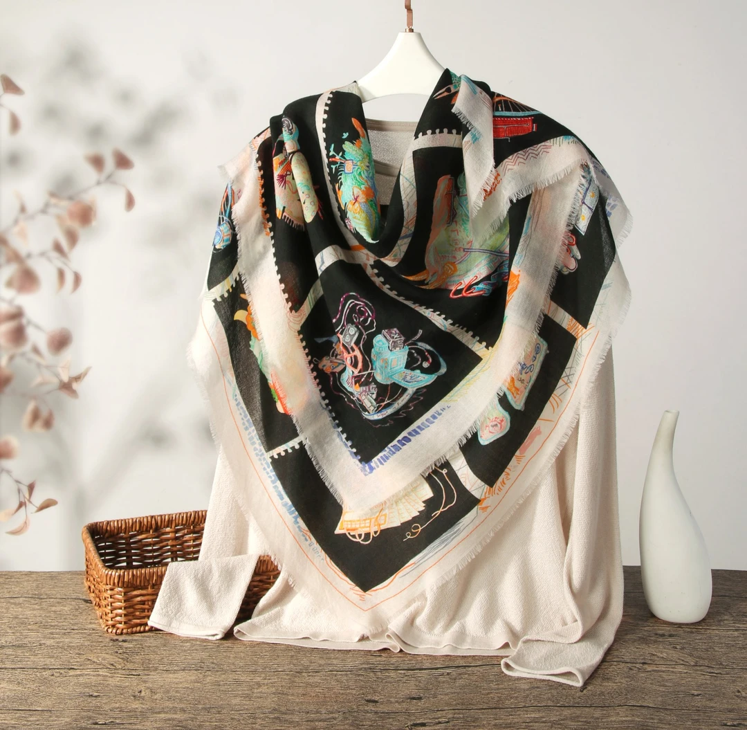 200支水溶羊毛戒指绒印花方巾轻薄柔软时尚百搭外搭夏季大方高档