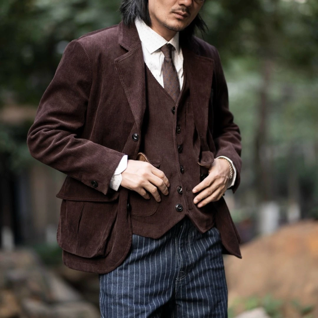 复古灯芯绒复古西装休闲商务经典男士英伦时尚秋冬西服宽松修身