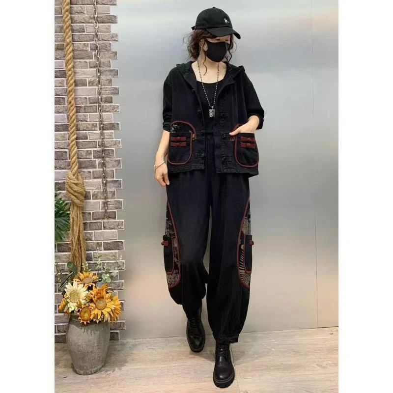 春秋女新款民族风盘扣大码牛仔套装连帽短外套牛仔蓝灯笼裤两件套