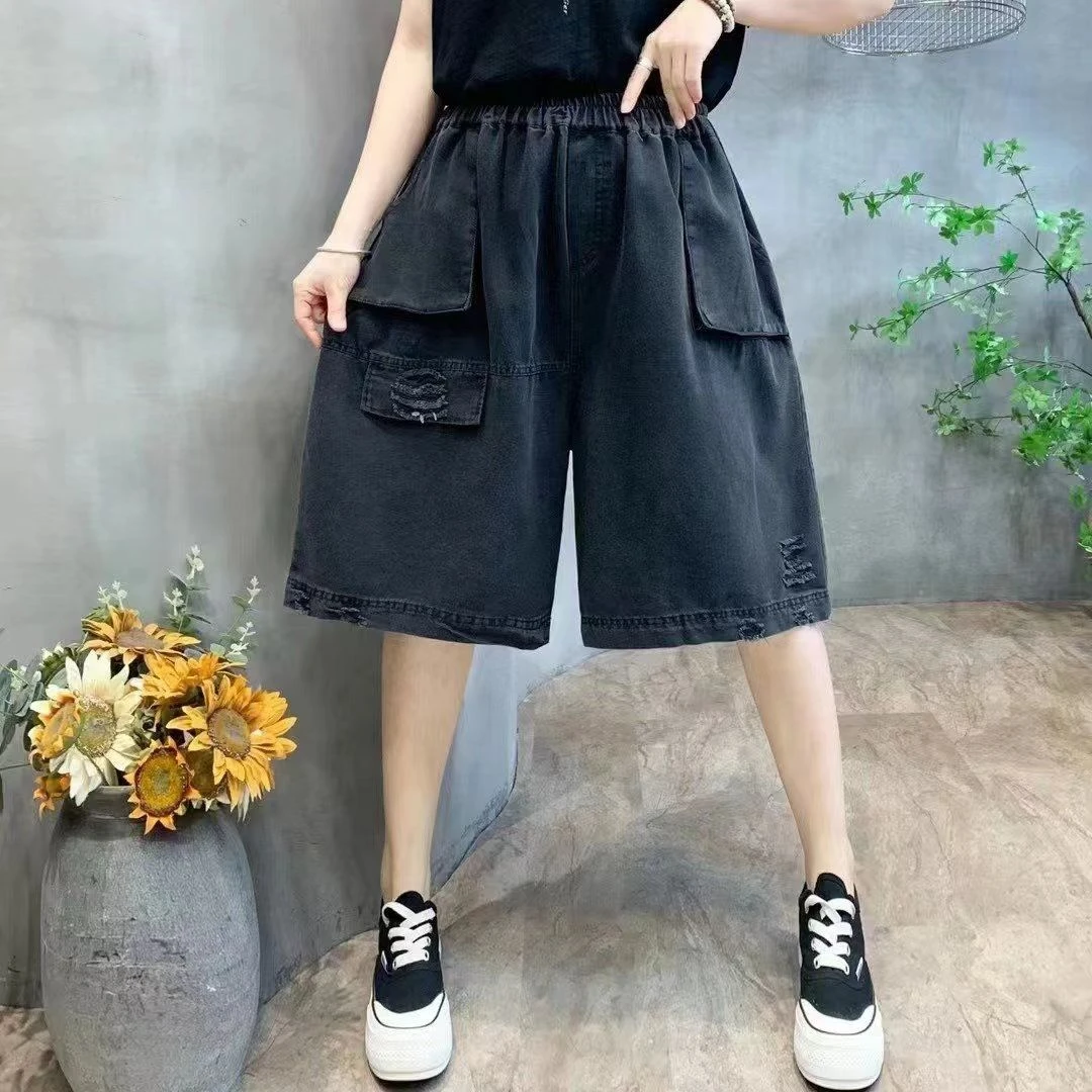 夏季新款欧版双色水洗牛仔阔脚裤女大码宽松个性显瘦做旧六分裤