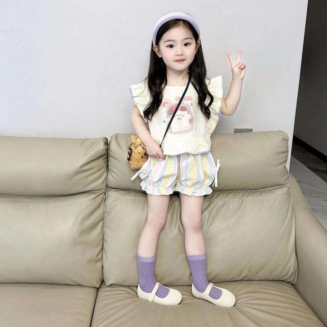 《小婕家》2024春夏季韩版新款女童彩色花边短袖短裤时尚洋气套装潮