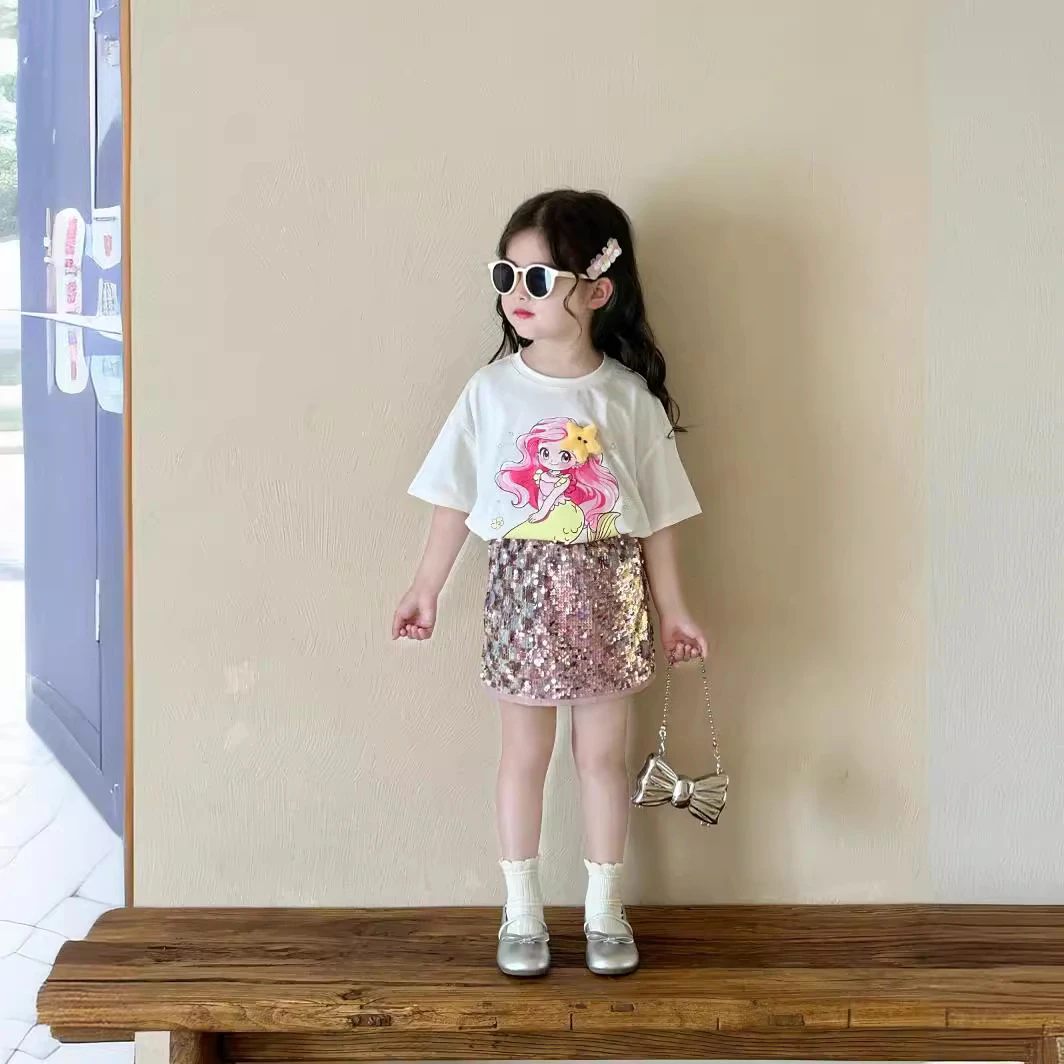 《小婕家》2024童装夏季新款女童海星美人鱼短袖人鱼姬裙裤洋气套装