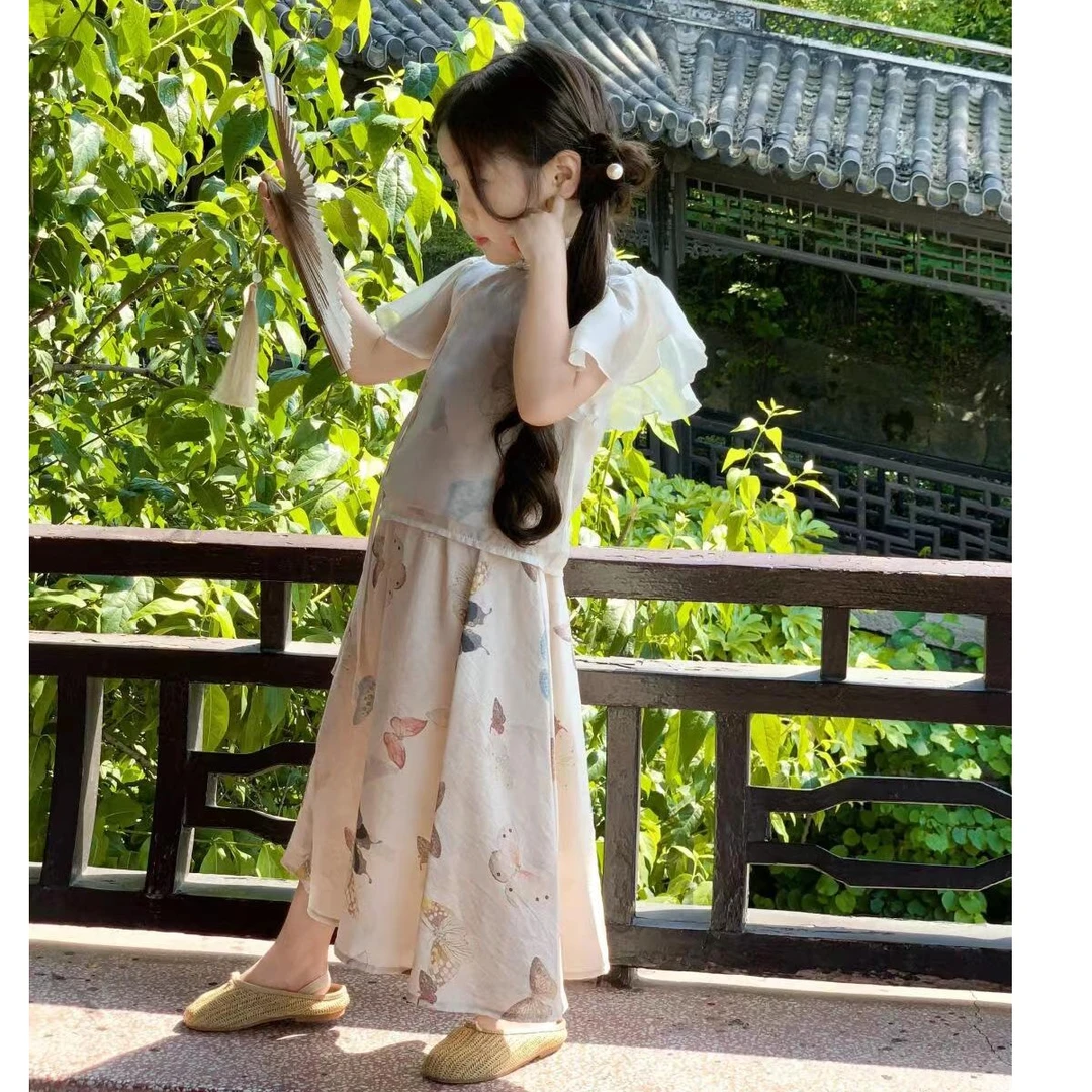 《小婕家》2024夏季女童新款新中式薄纱花边袖上衣蝴蝶马面裙套装潮