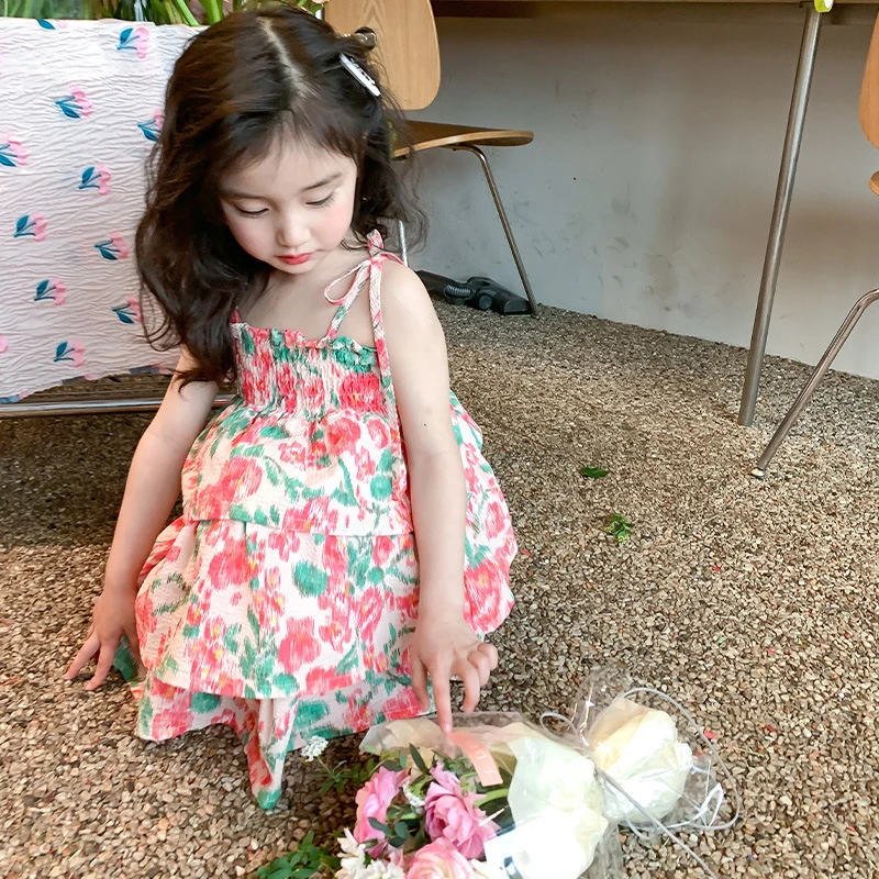 《小婕家》女童吊带连衣裙2024夏装度假裙宝宝儿童洋气碎花裙公主裙