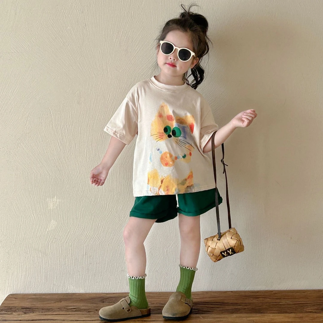 《小婕家》2024夏季新款韩版休闲女童印花打底衫短袖运动短裤套装潮