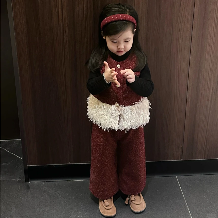 反季清仓2024冬季女童套装洋气小香风拜年服红色马甲裤子内搭毛衣