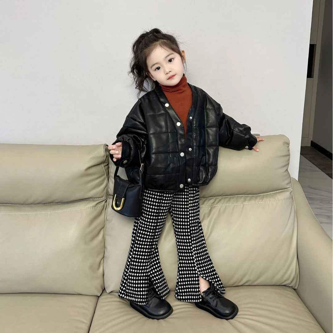 《小婕家》2023冬季新款女童时髦加厚夹棉皮衣外套洋气短款加绒保暖